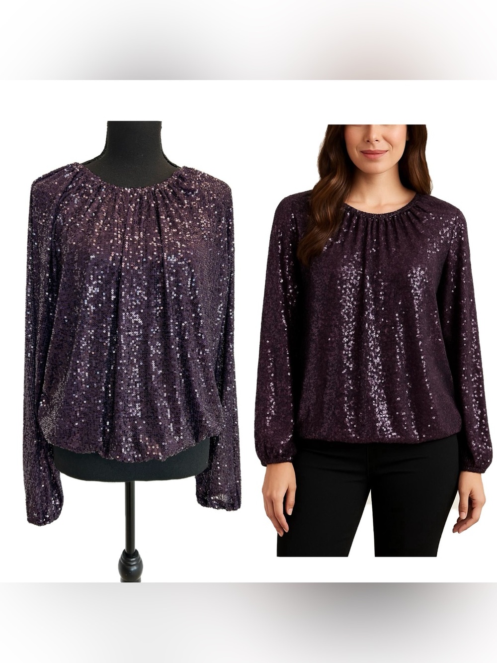 Suzy Shier plum purple Sequin Long Sleeve Peasant Blouse Sz L NWOT sparkly - Picture 11 of 11